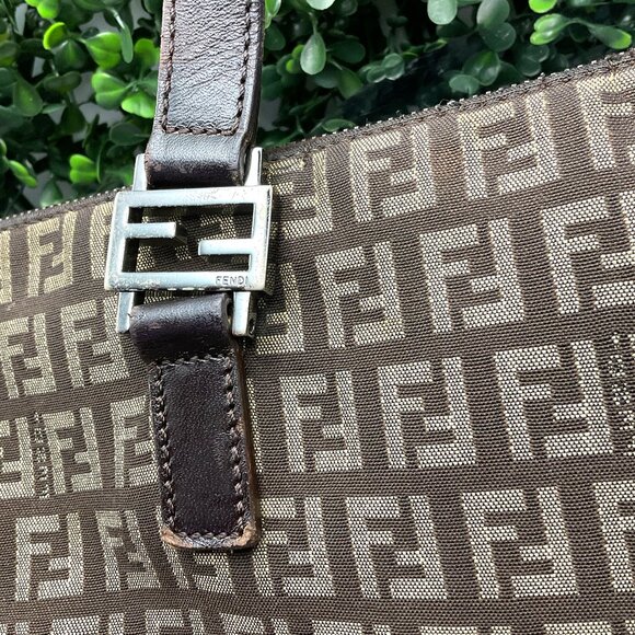 Fendi Vintage Shopping Tote Zucchino Canvas Small Top Zip Brown Handbag - Picture 3 of 8
